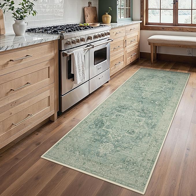 BESBLEE Runner Rug 2'6''x6 Non Slip Machine Washable Vintage Hallway Runner Rug, Low PileLight Weight Rugs for Entryway, Hallway, Kitchen and Corridor, Green