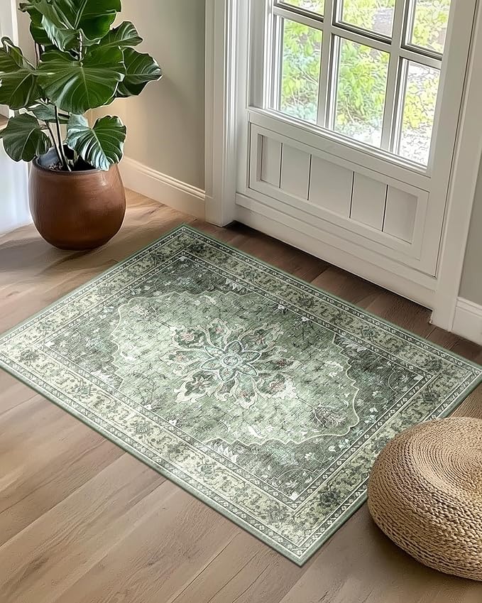 RELEANY Area Rugs 2'x3' Washable Non-Slip, Floral Vintage Distress Print Pattern Medallion Carpet for Living Room Bedroom Dining Room, Dark Green Gray