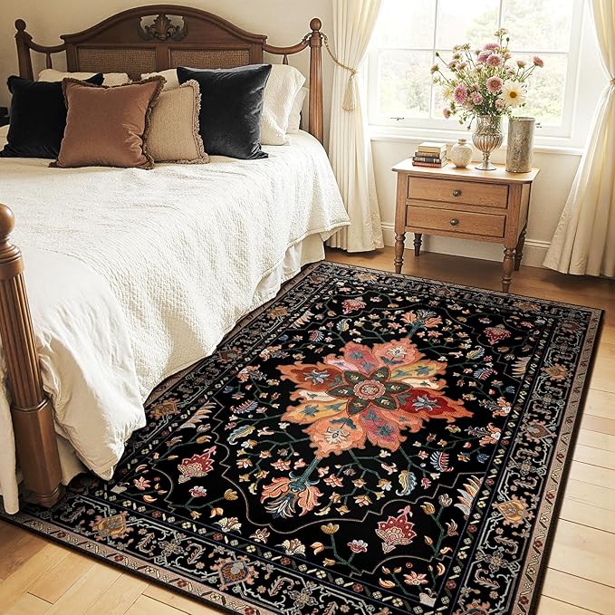 RELEANY Area Rugs 5'x7' Washable Non-Slip, Floral Vintage Distress Print Pattern Medallion Carpet for Living Room Bedroom Dining Room, Black Colorful Floral Dark Tan
