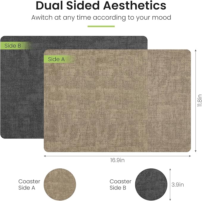 Placemats Set of 6, Faux Leather Heat Resistant Wipeable Placemats, Dual Sided Waterproof Washable Table Mats with Coaster, Suitable for Kitchen, Dining, Table Decor (6, Black Light Coffee)