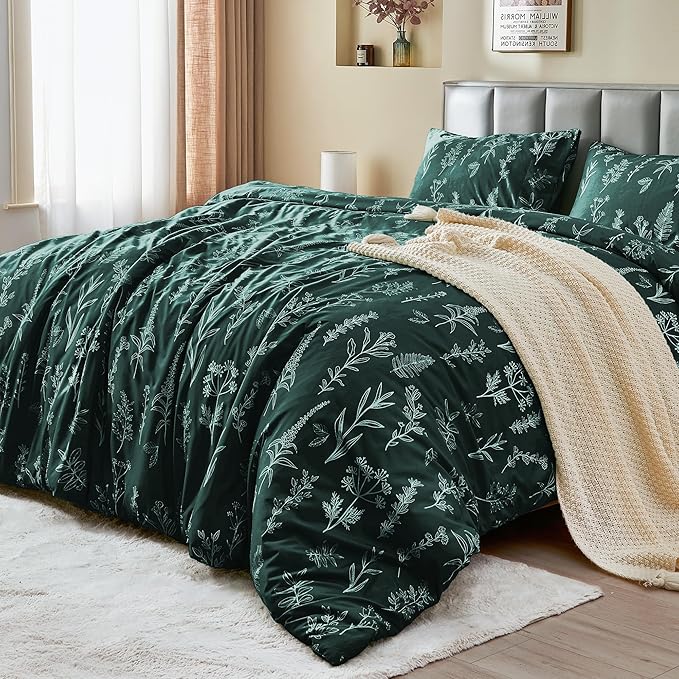 MUXHOMO Duvet Cover Queen Size, Reversible Floral Forest Green Duvet Cover Set with Zipper Closure, 3 Pieces Botanical Patterns Soft Microfiber Bedding Set with 4 Ties (90"x90", 2 Pillow Cases)