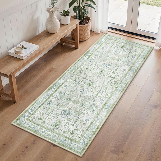 BESBLEE Runner Rug 2'6''x6 Non Slip Machine Washable Vintage Hallway Runner Rug, Low PileLight Weight Rugs for Entryway, Hallway, Kitchen and Corridor, Cream Green