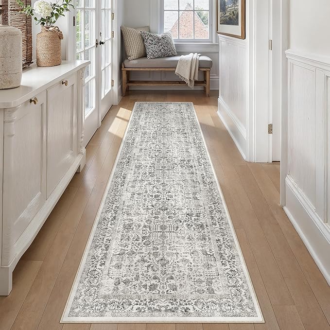PureCozy Black Runner Rug 3x14 Hallway Machine Washable Kitchen Vintage Distressed Non Slip Long Carpet Indoor Retro Floral Bedroom Accent Throw Rug for Bathroom Office Laundry Dining Living Room