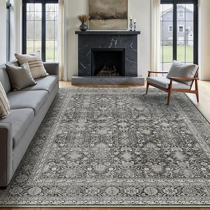 PureCozy Vintage Area Rug 6x9 Black Washable Living Room Large Carpet Non Slip Bedroom Indoor Office Low Pile Traditional Distressed Retro Accent Rug for Dining Room Kitchen
