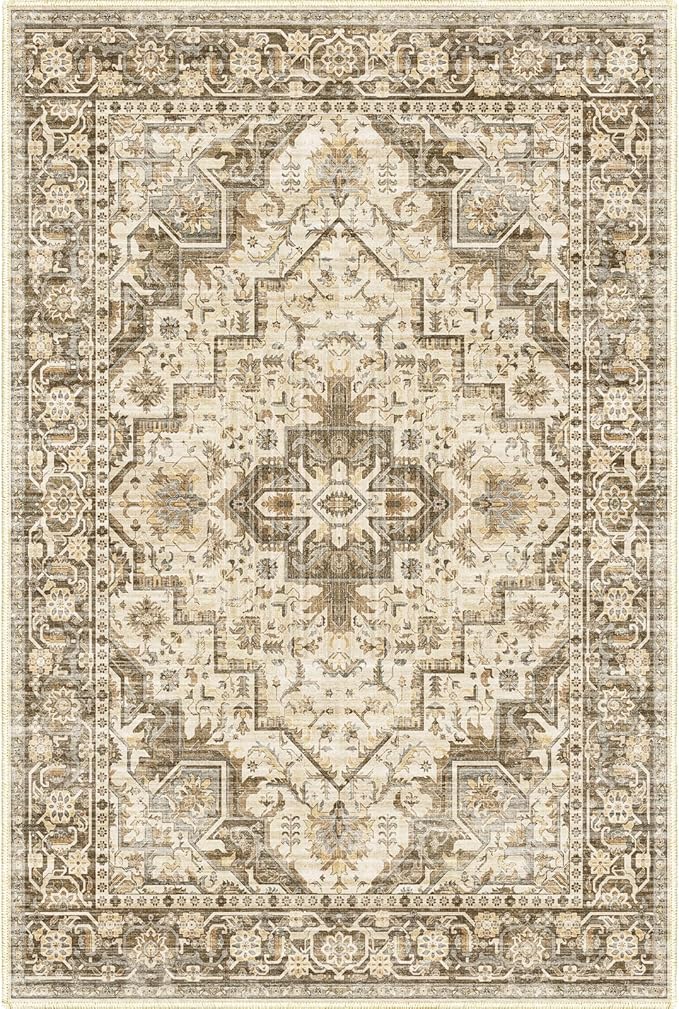 Fortsea Area Rug 2x3 Washable Door Mat, Vintage Distressed Rug Indoor Entrance Traditional Thin Rug, Floral Print Non Slip Carpet for Kitchen Bathroom Bedroom Living Room (Brown, 2X3)