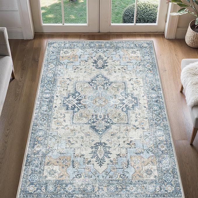 BESBLEE 4x6 Area Rugs for Living Room, Machine Washable Rug, Non Slip Vintage Rugs, Low Pile Lightweight Print Rug for Bedroom, Dining Room, Home Office, Blue