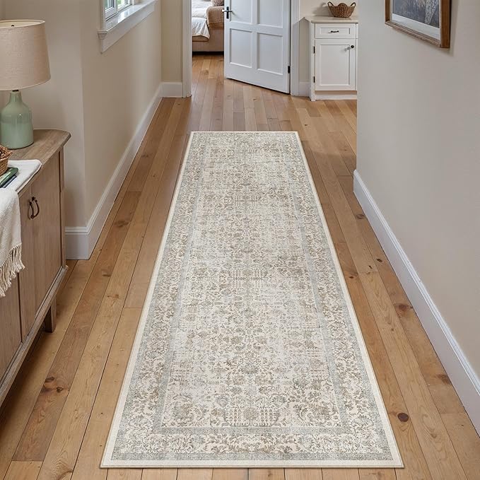 PureCozy Taupe Runner Rug 2'6"x14' Washable Carpet for Hallway Kitchen Vintage Distressed Non Slip Indoor Retro Floral Bedroom Accent Throw Long Rug Bathroom Office Laundry Dining Living Room