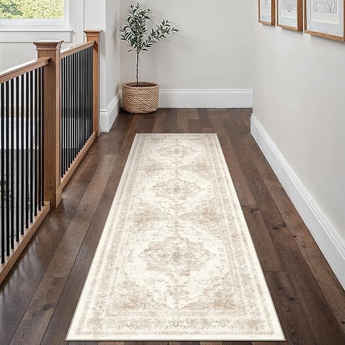 PureCozy Runner Rug 2x8 Cream Hallway Washable Beige Carpet Non Slip Vintage Medallion Beige Carpet Low Pile Soft Distressed Retro Indoor Long Rug for Entryway Kitchen Bathroom Laundry Bedroom
