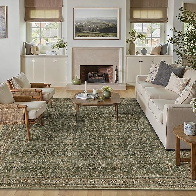 PureCozy 6x9 Area Rug for Living Room Green Brown Vintage Washable Bedroom Carpet Traditional Distressed Soft Non Slip Indoor Large Accent Rug Retro Thin Low Pile Floor Cover for Dining Room Playroom