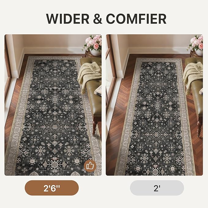 GENIMO 2'6‘’x8 Runner Rug,Machine Washable Non-Slip Vintage Rugs,Low Pile Lightweight Carpet for Bedroom,Hallway,Entryway,Kitchen,Bathroom,Black