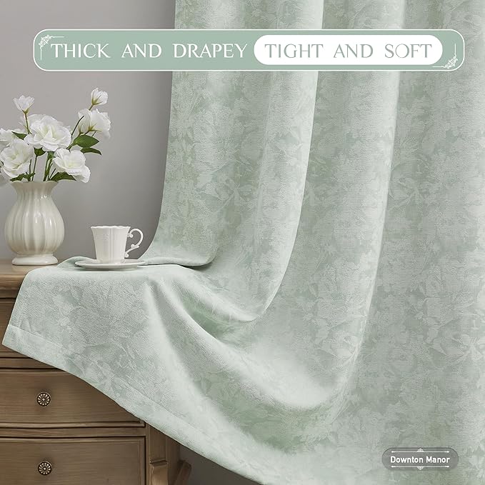 Beauoop Green Floral Jacquard Blackout Curtains 96 Inches Long 2 Panels for Bedroom Living Room Chenille Flower Room Darkening Thermal Insulated Soundproof Rod Pocket Back Tab Window Drapes 52x96