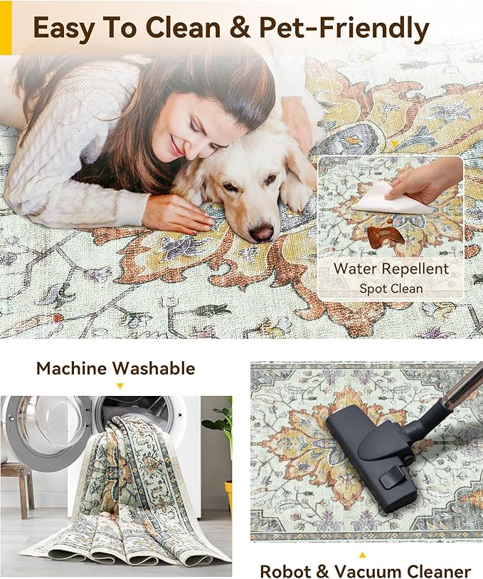 RELEANY Area Rugs 2'x8' Washable Non-Slip, Floral Vintage Distress Print Pattern Medallion Carpet for Living Room Bedroom Dining Room, Light Yellow Carbon Grey Orange