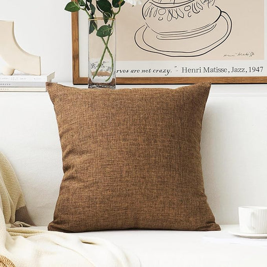 Home Brilliant Decoration Linen Square Throw Cushion Pillow Case Cover for Sofa, Brown, 18 x 18