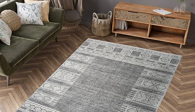 RugOver Machine Washable Area Rug, Pet-Friendly and Non-Slip Indoor Carpet for Kitchen, Bathroom, Living Room, Home Floor Decoration(Charcoal/White, 3' x 5')