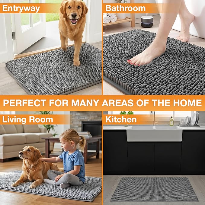 Neater Pets Chenille Dog Door Mat 30” x 20” – Super Absorbent & Quick-Dry Muddy Paws Doormat for Trapping Dirt, Water, Mud - Non-Slip & Machine Washable Pet Rugs for Entryway, Indoor Mud Mats Charcoal