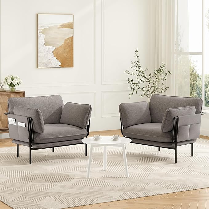 AYEASY Modern Accent Chair for Living Room, Oversized Reading Chair with Solid Metal Legs, Upholstered Fabric Armchair with Side Pockets and 2 Pillows, Comfy Accent Chairs for Bedroom, Nursery, Khaki