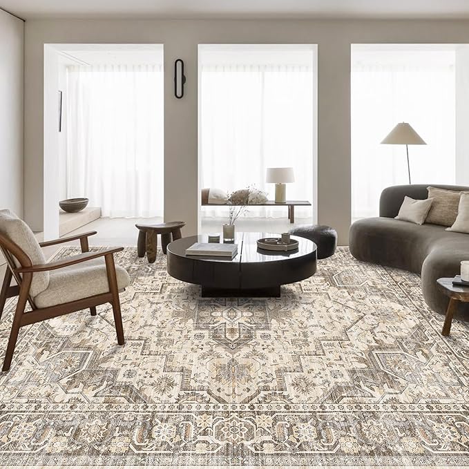 Fortsea Machine Washable Soft Area Rug 8x10 Rugs with Non Slip Backing for Living Room, Bedroom, Bathroom,Printed Vintage Home Decor, Floor Decoration Carpet Mat (Coffee Beige 8x10)…