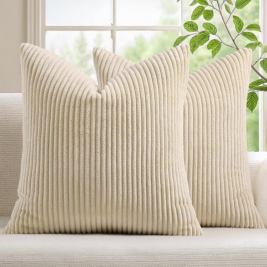 Mecatny Corduroy Decorative Throw Pillow Covers 24x24 Set of 2 for Sofa Living Room, Soft Neutral Boho Couch Pillow Covers for Home Decor, Beige