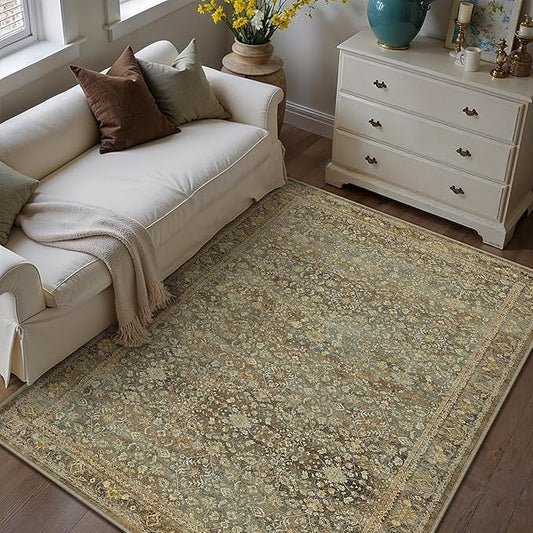 PureCozy Area Rug 5x7 Brown Living Room Washable Vintage Carpet Non Slip Indoor Retro Traditional Accent Throw Large Rug for Office Kitchen Bedroom Dining Room