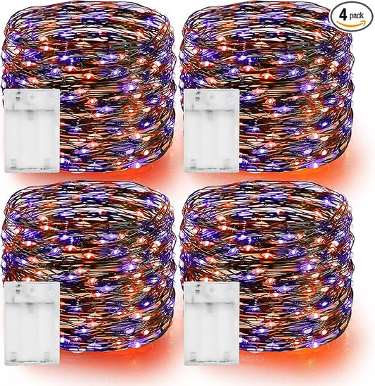 Dazzle Bright Purple and Orange Halloween Fairy String Lights, 4 Pack Total 80FT 240LED Copper Wire Battery Operated Waterproof Lights, Halloween Decorations for Indoor Home Patio Yard Party Decor
