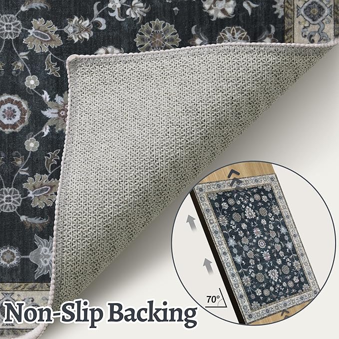 Tangsoo 2.6x8 Hallway Runner Rug, Floral Vintage Washable Non-Slip Runner Rug for Hallway Entryway Indoor, Black Print Carpet,Soft Low Pile Long for Kitchen Bedroom