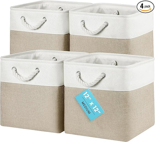 OrganiHaus 12x12 Cube Storage Bins 4 Pack, Foldable Cube Storage Organizer w/ Rope Handles, Collapsible Fabric Bins for Toys, Clothes & Closet Organization, Fabric Square Baskets - Beige/White