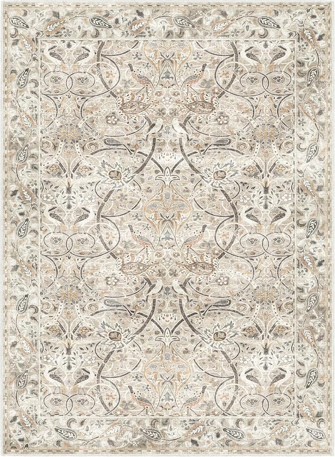 Fortsea 5x7 Beige Vintage Area Rug, Machine Washable Non Skid Low Pile Carpet for Bedroom & Dining (5x7, Beige)