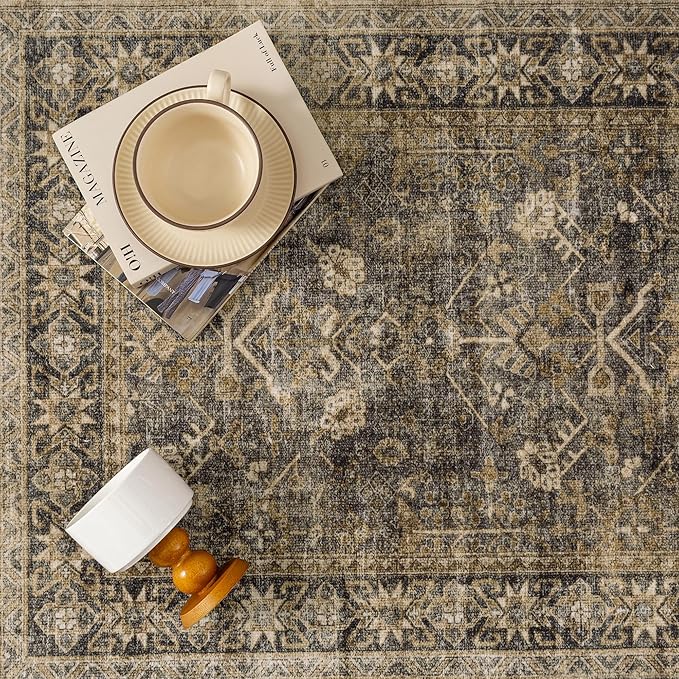 PureCozy 5x7 Brown Black Area Rug for Living Room Washable Vintage Distressed Carpet Bedroom Low Pile Non Slip Indoor Soft Retro Throw Accent Rug Office Kitchen Bathroom Dining Room
