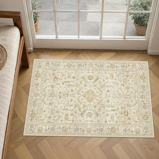 PureCozy 2x3 Beige Entryway Rug Vintage Area Carpet Indoor Kitchen Washable Door Mat Entrance Small Low Pile Traditional Distressed Retro Accent Throw Boho Rug Non Slip Office Bathroom