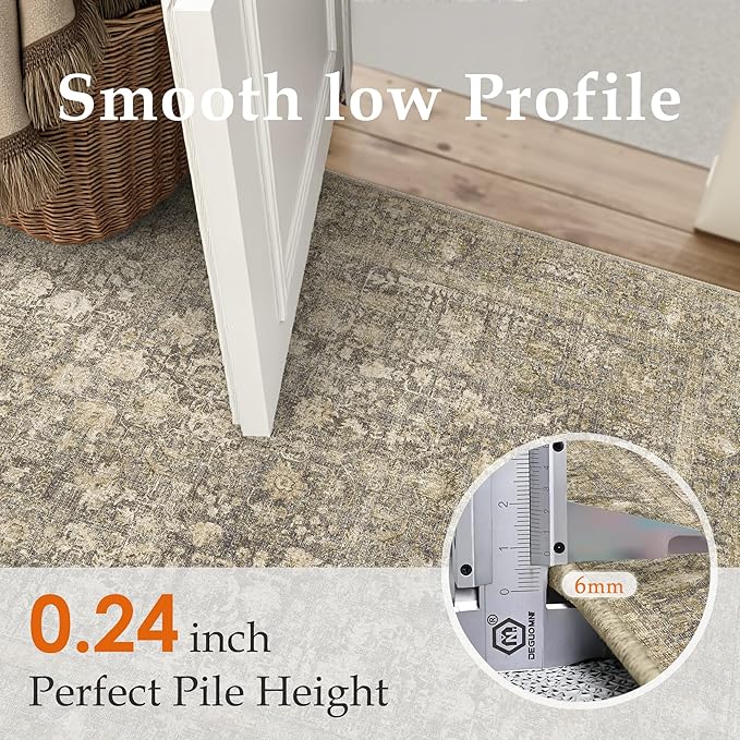 PureCozy Brown Area Rug 5x7 Machine Washable Vintage Living Room Distressed Non Slip Carpet Traditional Indoor Bedroom Retro Floral Accent Throw Large Rug Office Kitchen Bathroom Dining Room