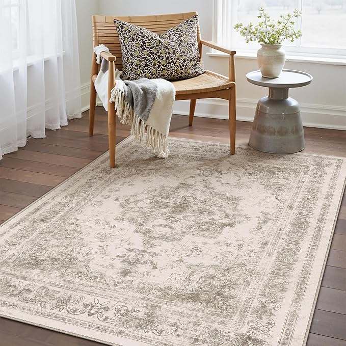PureCozy Area Rug 3x5 Washable Taupe Rug Vintage Boho Medallion Entryway Door Mat Entrance Distressed Retro Carpet Non Slip Low Pile Small Soft for Office Kitchen Bedroom Laundry Bathroom Hallway