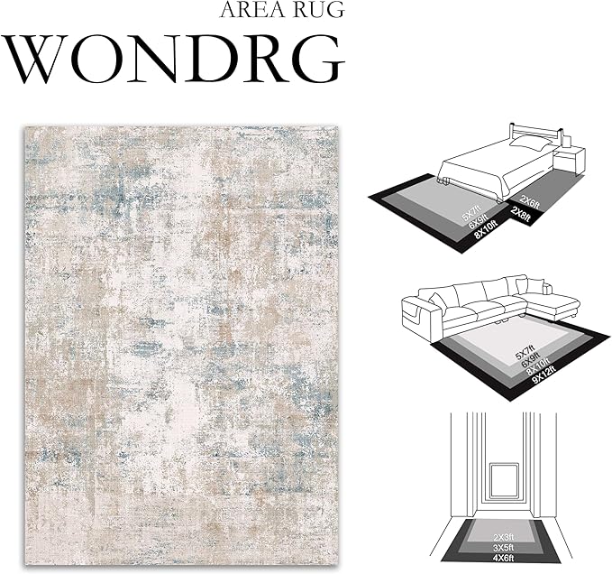 WondRg 5x7 Washable Area Rug Beige Blue Abstract Living Room Bedroom Throw Rug Neutral Modern Non Slip Soft Low Pile Carpet for Kitchen Dining Room Office Entryway