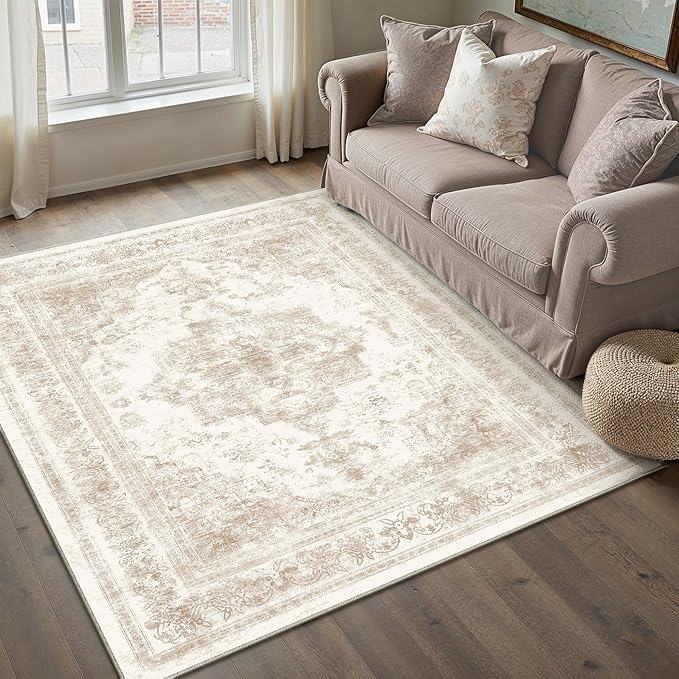 PureCozy Area Rug 3x5 Cream Washable Office Entryway Vintage Medallion Beige Carpet Non Slip Retro Indoor Mat Low Pile Soft Distressed Small Rug for Bedroom Kitchen Laundry Dining Room