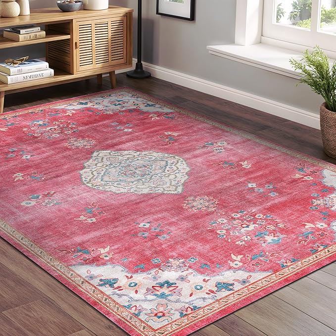Beverly Rug Non Slip Rugs 6x9 Boho Medallion Floral Non Skid Rubber Backing Easy Silk Soft Area Rug for Living Room Easy to Clean Non Shedding Kitchen Bedroom Indoor Carpet (6 x 9 Fuchsia - Cream)