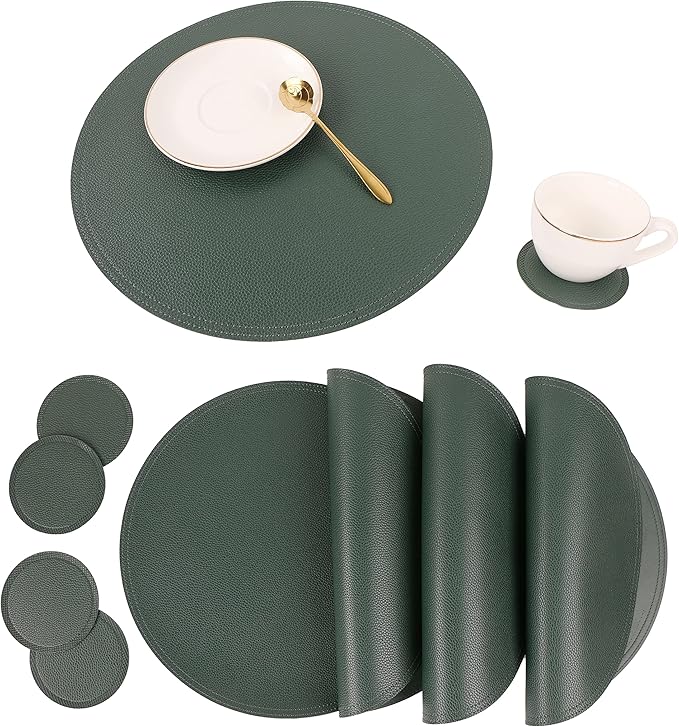 Set of 8 Faux Leather Round Placemats and Coasters, Disko Table Mats and Drink Spills Coasters, Easy to Clean, Double Stitched for Kitchen Dining Table, Diameter 13'' and 3.9''
