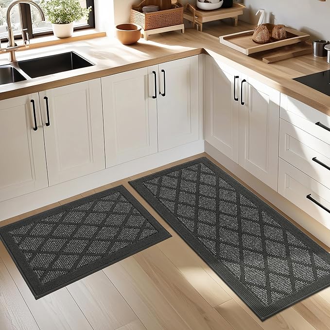 COSY HOMEER Kitchen Mats, 2 PCS Kitchen Rug Non Slip Washable, Absorbent Runner Rugs for Kitchen Floor, 100% Polypropylene Kitchen Sink Rug 20"x32" + 20"x48"(Dark Grey)