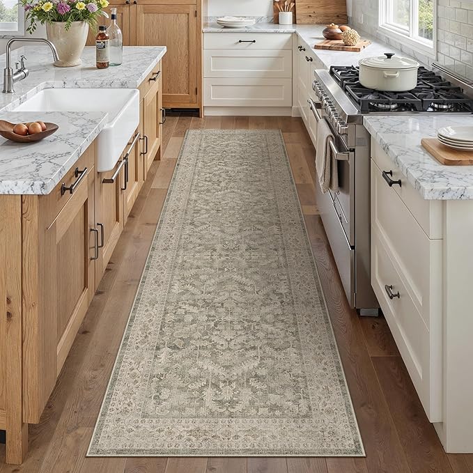 PureCozy Brown 2x8 Runner Rug Vintage Area Carpet Hallway Indoor Kitchen Washable Low Pile Traditional Distressed Retro Accent Throw Rug Non Slip for Laundry Bathroom Office