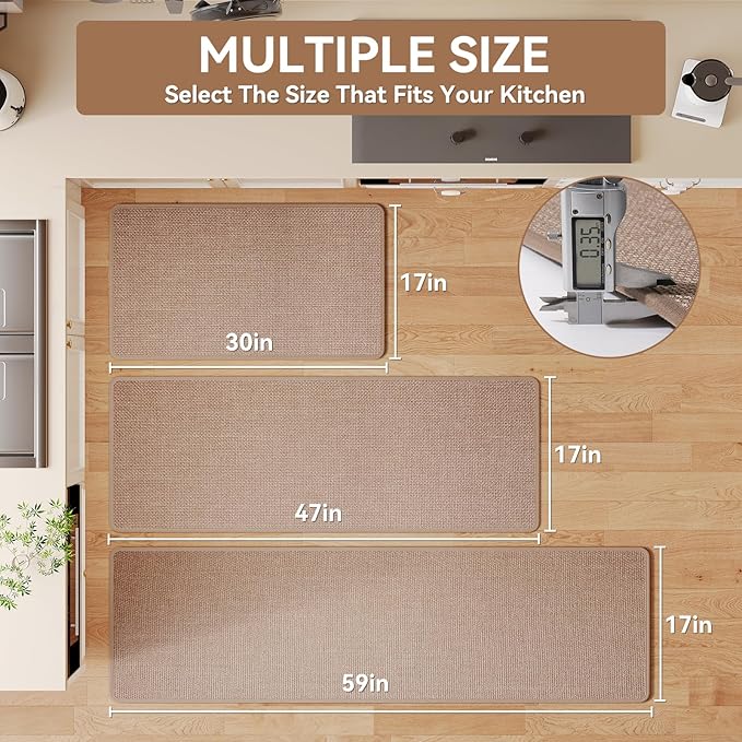 Long Kitchen Runner Rugs Non Slip Washable, Linen-Like 0.3" Thick Cushioned Absorbent Kitchen Mats for Floor, Mild Anti-Fatigue Sink Floor Mat Laundry Standing Mat, Easy Clean, Brown 17"x71"