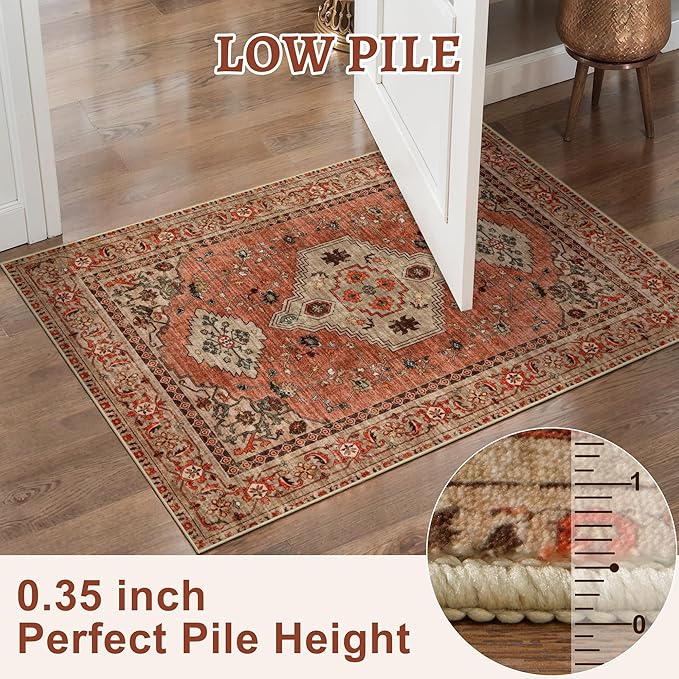 Tangsoo Boho 3x8 Runner Rug for Hallway Long Washable Hallway Runner Rugs, Non Slip Vintage Soft Low Pile Rug Runner, Oriental Terracotta 8ft Carpet Runners for Kitchen Bedroom Entryway Living Room