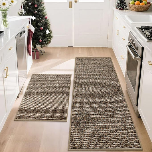 BEQHAUSE Kitchen Rugs and Mats 2PCS, Non-Slip Kitchen Mats for Floor, Absorbent and Stain Resistant Kitchen Runner, Machine Washable Rugs for Kitchen, Laundry & Sink, 20"x32"+20"x48", Taupe