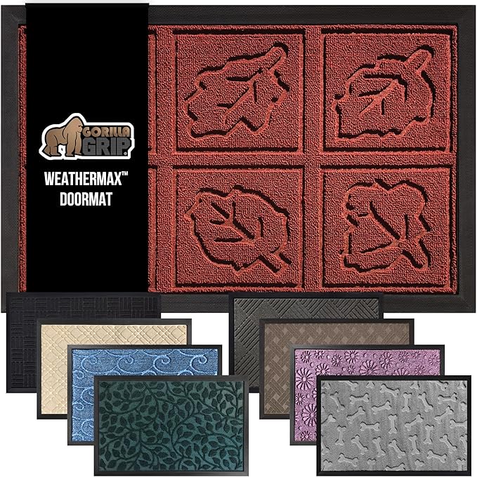 GORILLA GRIP 100% Waterproof All-Season WeatherMax Doormat, US Designed Natural Rubber, Stain and Fade Resistant, Low Profile Indoor Outdoor Door Mats, Easy Clean Patio Mat, 17x29, Burgundy Leaves