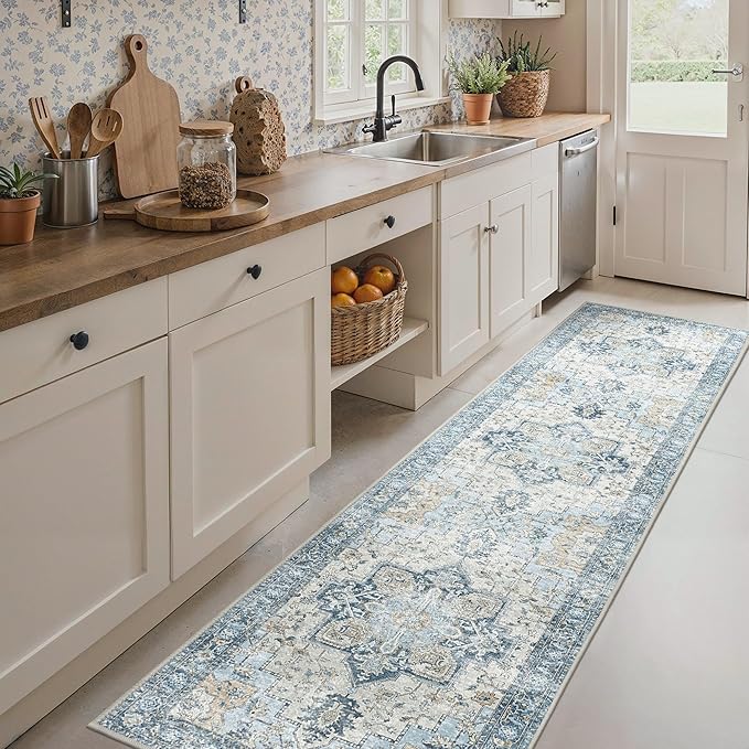 BESBLEE Runner Rug 2'6''x10, Non Slip Vintage Hallway Runner Rugs, Low Pile Lightweight Machine Washable Mat for Hallway, Entryway, Bedroom, Kitchen and Corridor, Blue