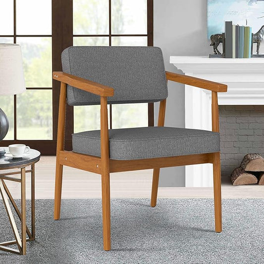 LSSPAID Mid Century Dining Chair Set of 1, Grey Fabric Upholstered with Walnut Finished Handrails Comfy Backrest, Farmhouse Dining Room Chairs for Kitchen, Living Space & Restaurant