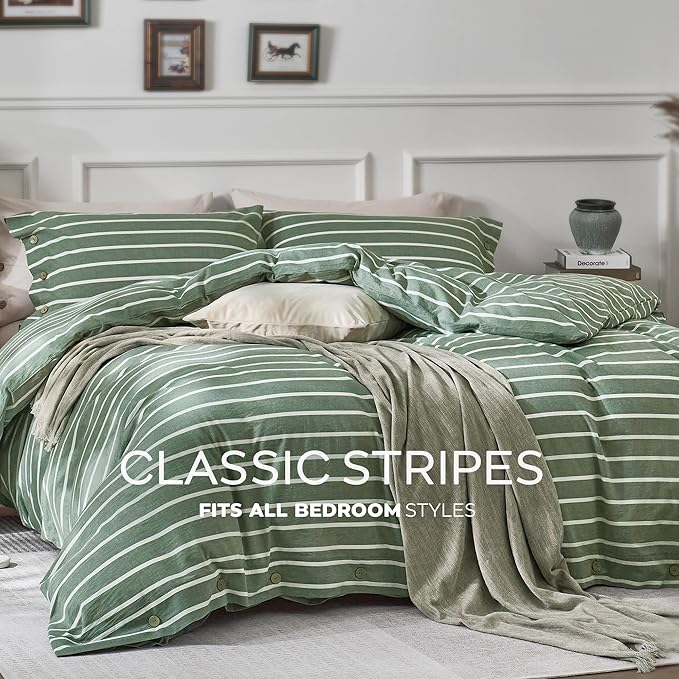 JELLYMONI Cotton Duvet Cover Twin Size - Green Striped Comforter Cover with Button 100% Washed Cotton 2PCS Breathable Soft Solid Bedding Set Duvet Cover 68×90in & 1 Pillowcase (NO Comforter)
