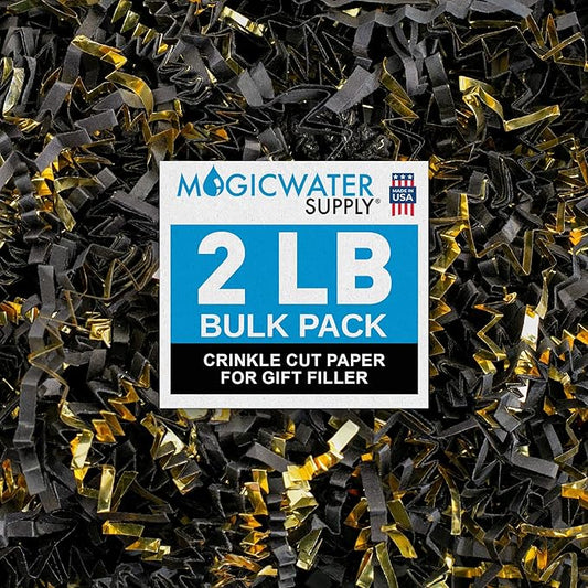MagicWater Crinkle Cut Paper for Gift Baskets - 2LB - Black & Gold - Perfect for Shredded Paper Filler, Basket Filler, Gift Boxes, Bridesmaid Gifts, Christmas Stuffers & More – Ideal for All Occasions