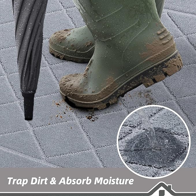 BEQHAUSE Dirt Trapper Door Mat 20" x 32", Doormat Non-Slip Entryway Rugs Washable, Dog Door Mat Stain Resistant and Absorbent Welcome Floor Mat for Front Back Door, Mud Wet Shoes & Paws, Grey