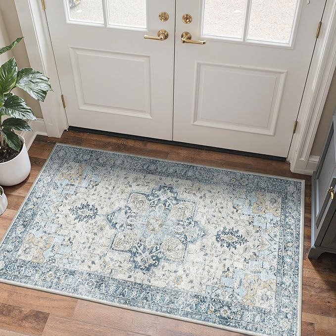 BESBLEE 3x5 Area Rugs for Living Room, Machine Washable Rug, Non Slip Vintage Rugs, Low Pile Lightweight Print Rug for Bedroom, Dining Room, Home Office, Blue