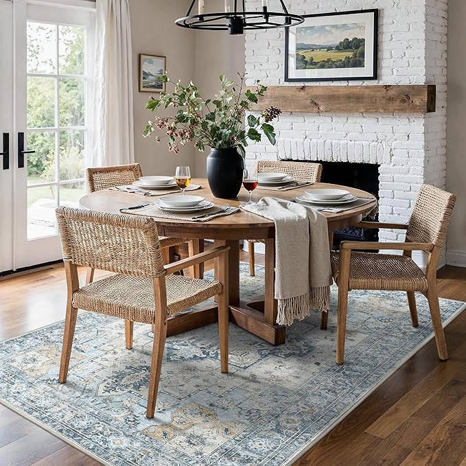 BESBLEE 5x7 Area Rugs for Living Room, Machine Washable Rug, Non Slip Vintage Rugs, Low Pile Lightweight Print Rug for Bedroom, Dining Room, Home Office, Blue
