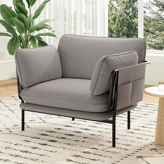 AYEASY Modern Accent Chair for Living Room, Oversized Reading Chair with Solid Metal Legs, Upholstered Fabric Armchair with Side Pockets and 2 Pillows, Comfy Accent Chairs for Bedroom, Nursery, Khaki