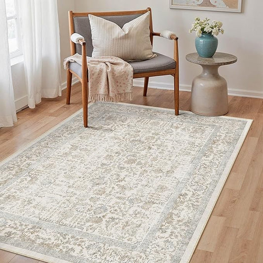 PureCozy Taupe Area Rug 3x4 Office Entryway Rug Machine Washable Kitchen Vintage Distressed Non Slip Carpet Indoor Retro Floral Accent Throw Door Mat for Bathroom Bedroom Dining Living Room